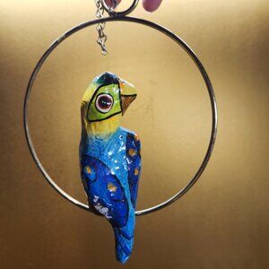 Vintage 6” Paper Mache PARROT on Metal Hoop Signed Paul Marshall